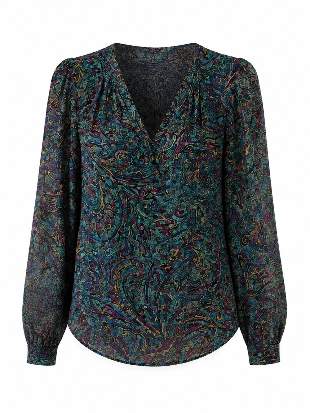 Shoshanna Teal & Multicolor Paisley V-Neck Blouse